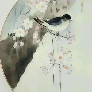 Signed Antique MZ‎ Austria 8 1/2" Hand Pained Art Plate Bird Cherry Blossoms